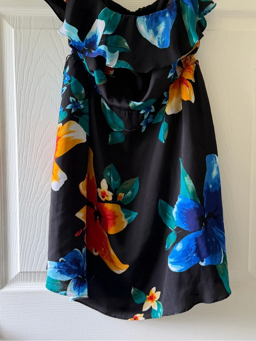 Black Floral strapless Dress with Blue & Yellow Blooms - Picture 2 of 2